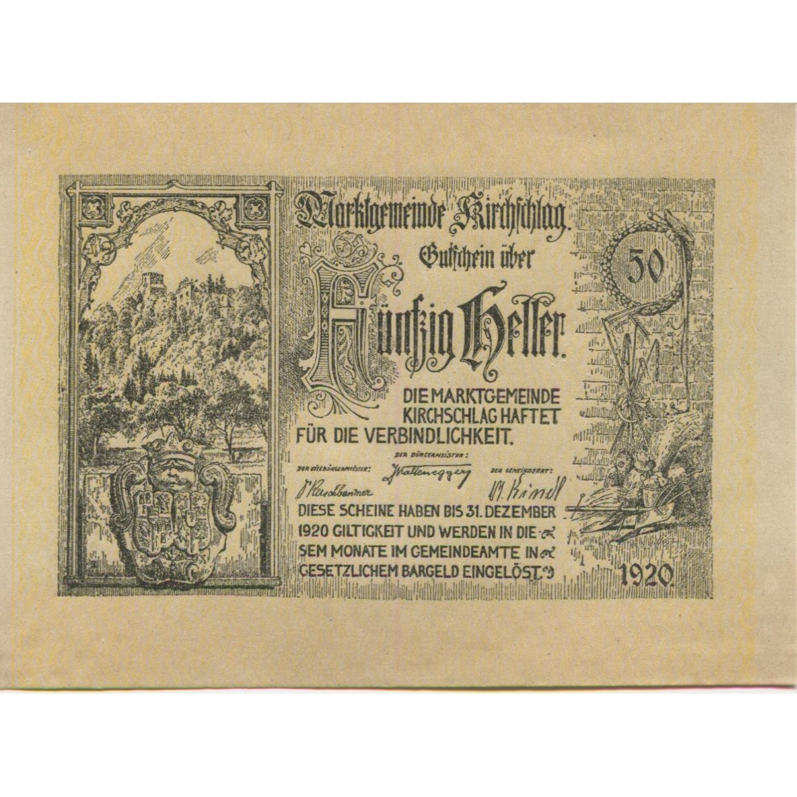 Geldschein, Österreich, Kirchschlag, 50 Heller, ruine 1920 UNZ- Mehl:FS 448a