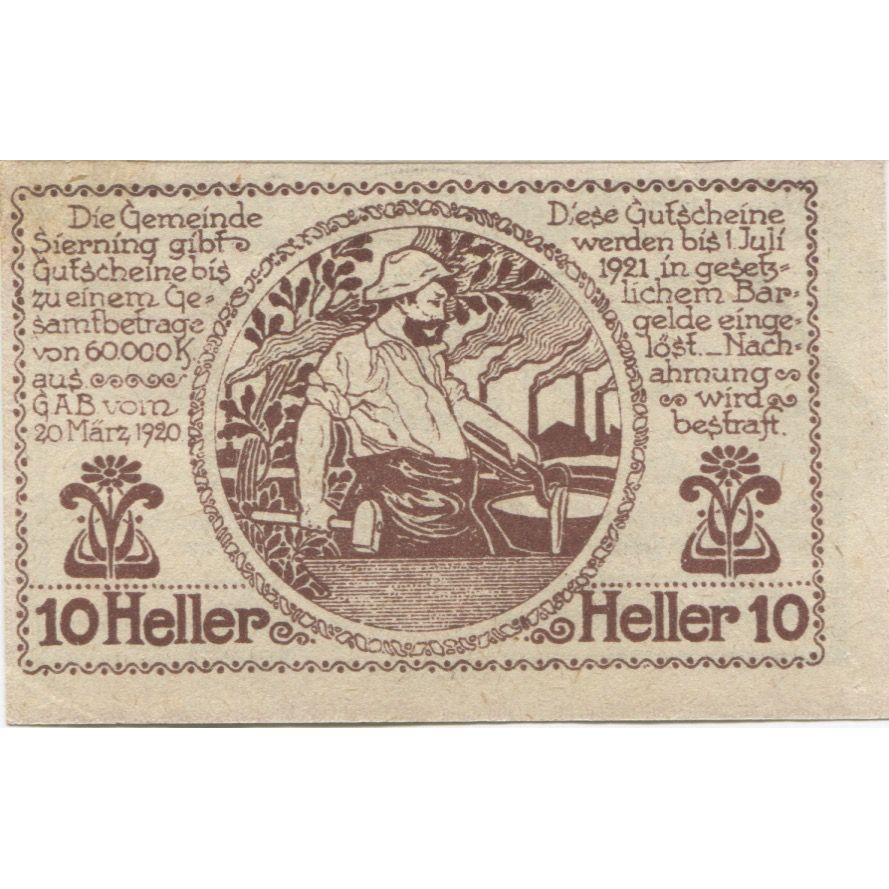 Billete, Austria, Sierning, 10 Heller, personnage 1921-07-01, SC, Mehl:FS 995c