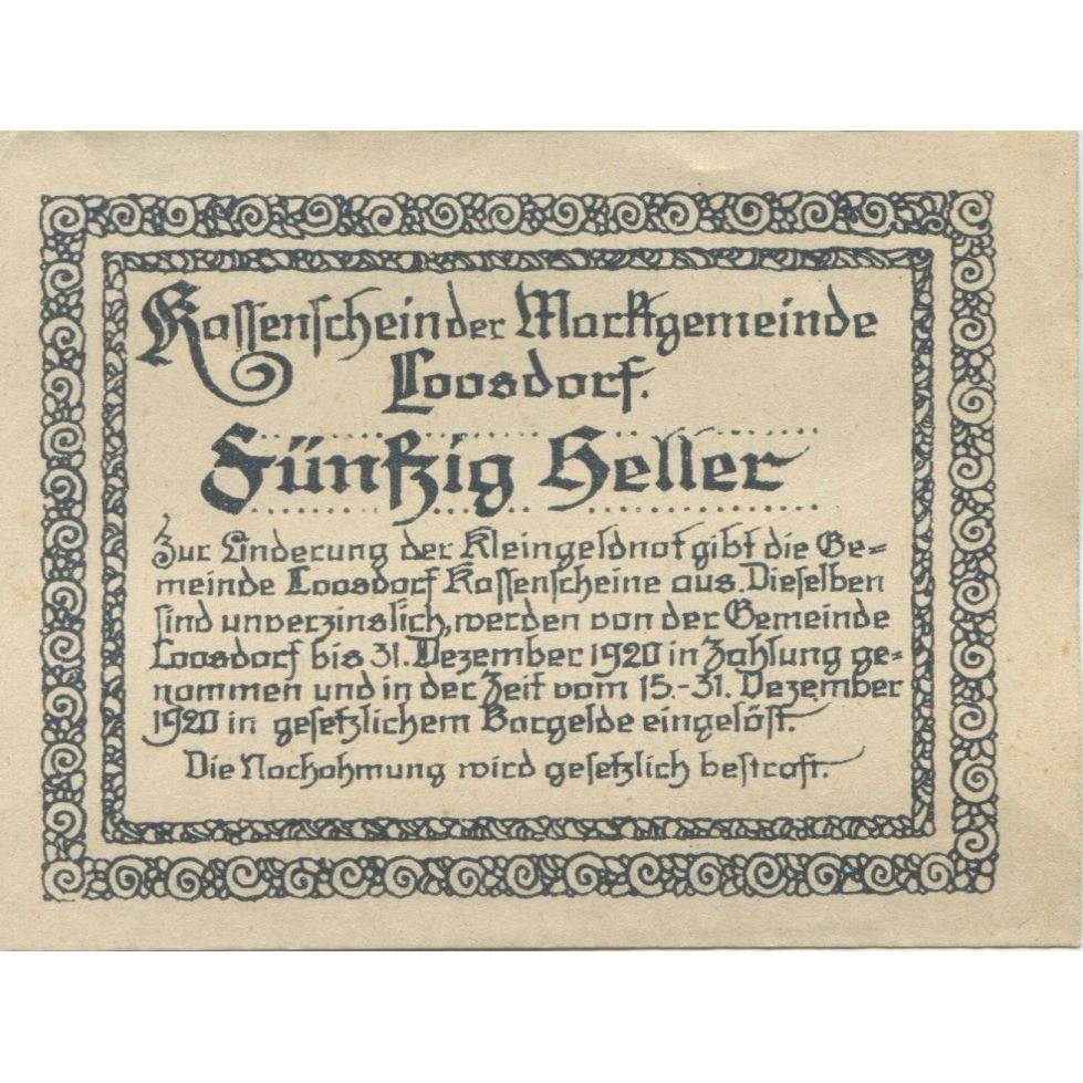 Banknote, Austria, Loosdorf, 50 Heller, Eglise, 1920 UNC(63) Mehl:FS 563a