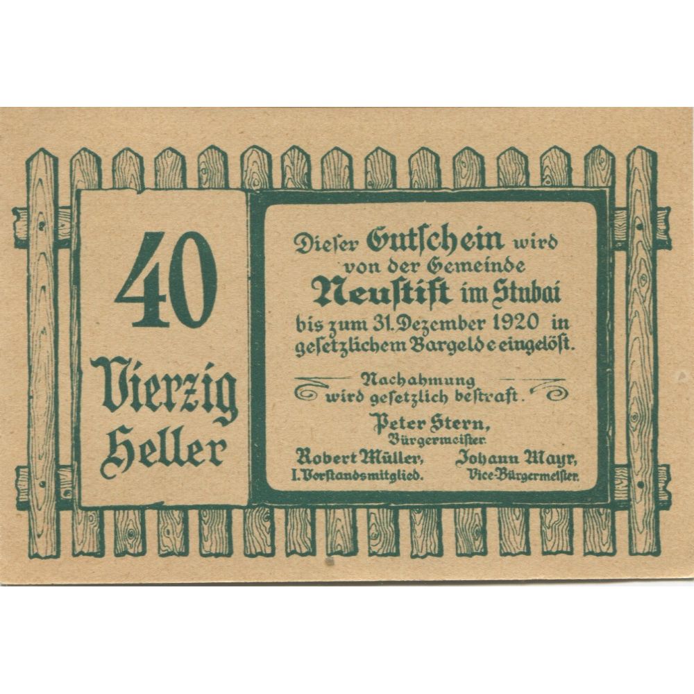 Billete, Austria, Neustift, 40 Heller, montagne 1920-12-31, SC, Mehl:FS 667