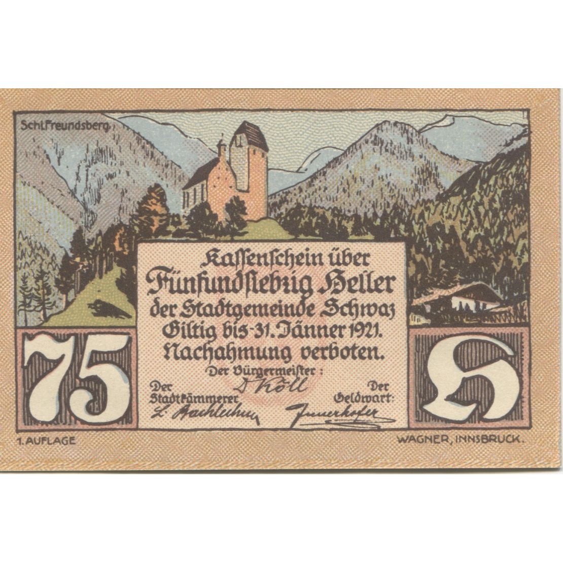 Banknote, Austria, Schwaz, 75 Heller, Eglise 1921-01-31, UNC(63), Mehl:FS 983a