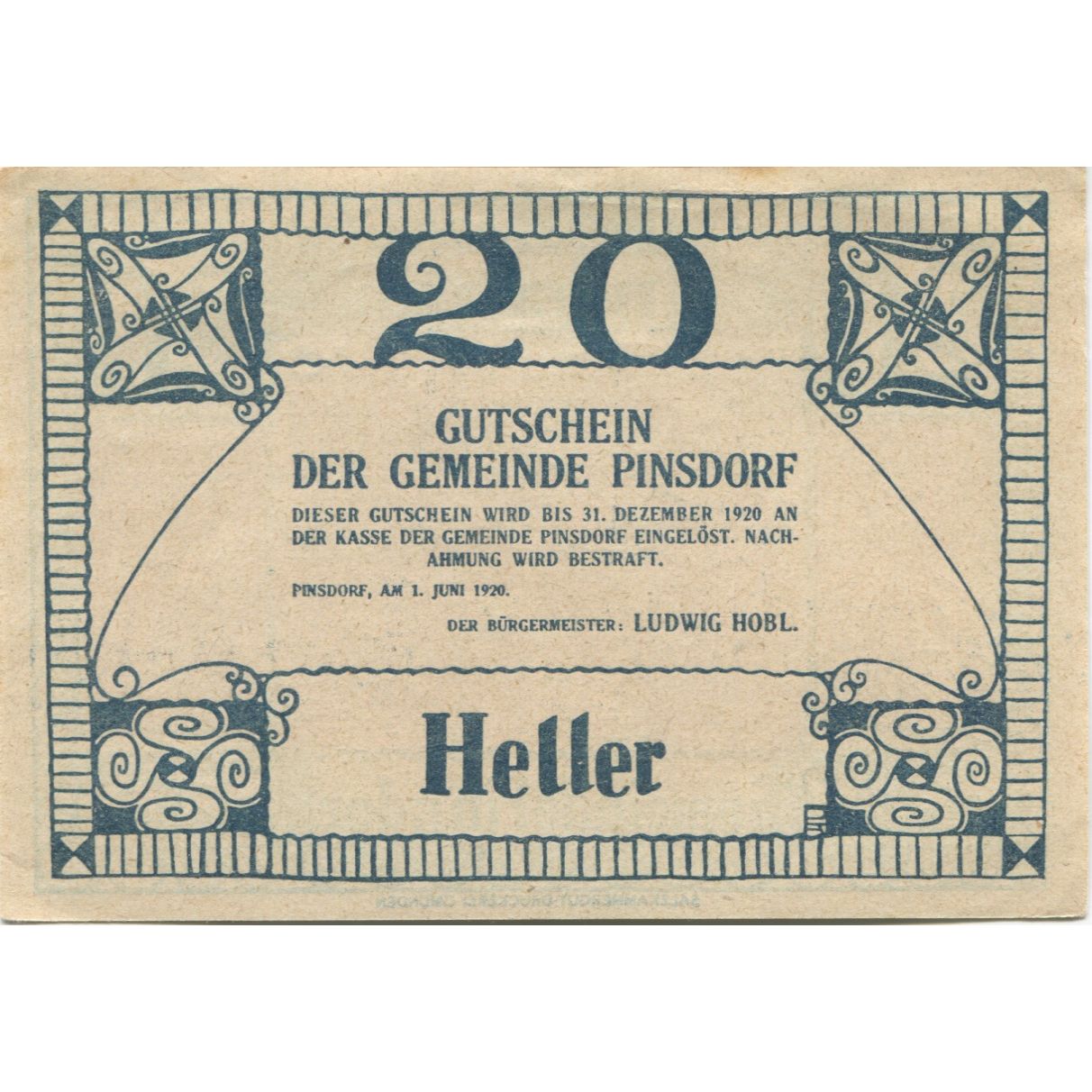 Banknote, Austria, Pinsdorf, 20 Heller, ferme 1920 UNC(63) Mehl: FS 750