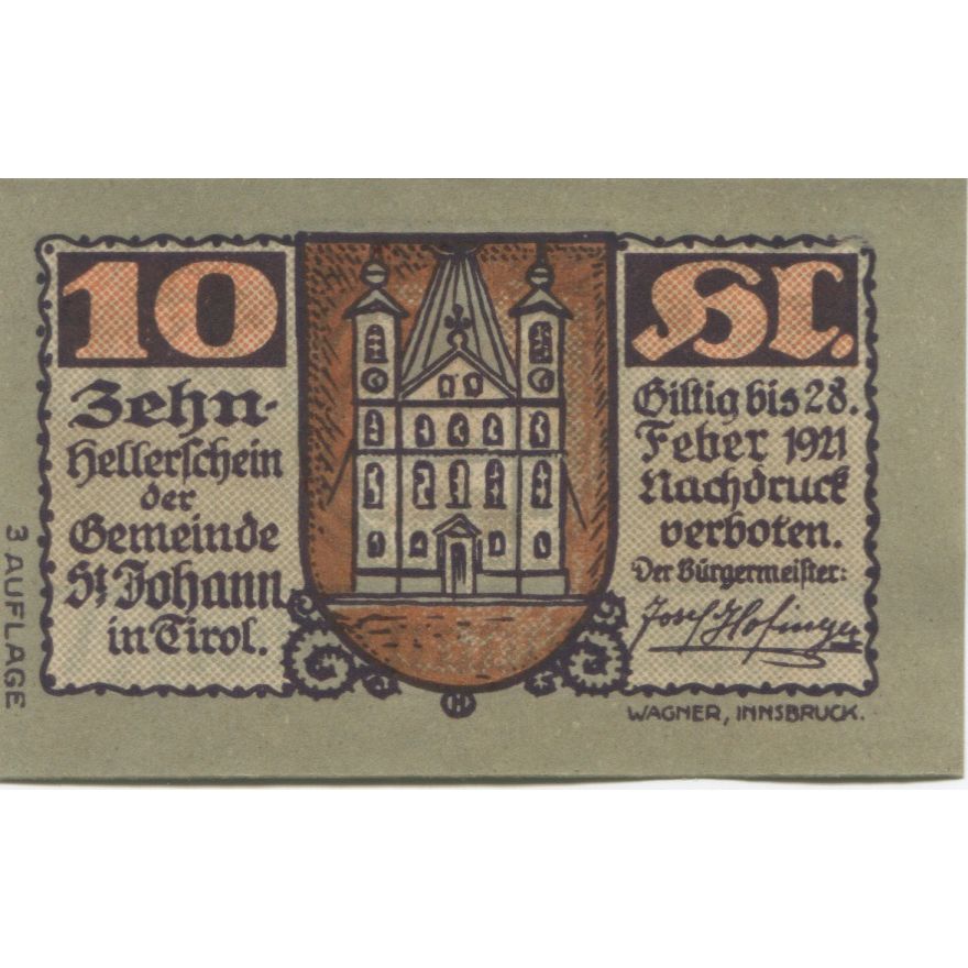 Billete, Austria, St Johann, 10 Heller, Blason 1921-02-28, SC, Mehl:FS 898c