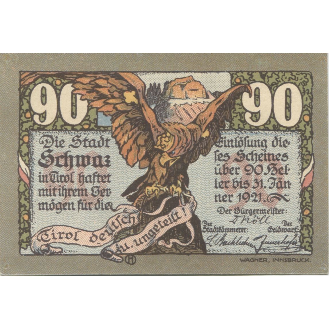 Banknot, Austria, Schwaz, 90 Heller, aigle 1920-12-31, UNC(63), Mehl:FS 983a
