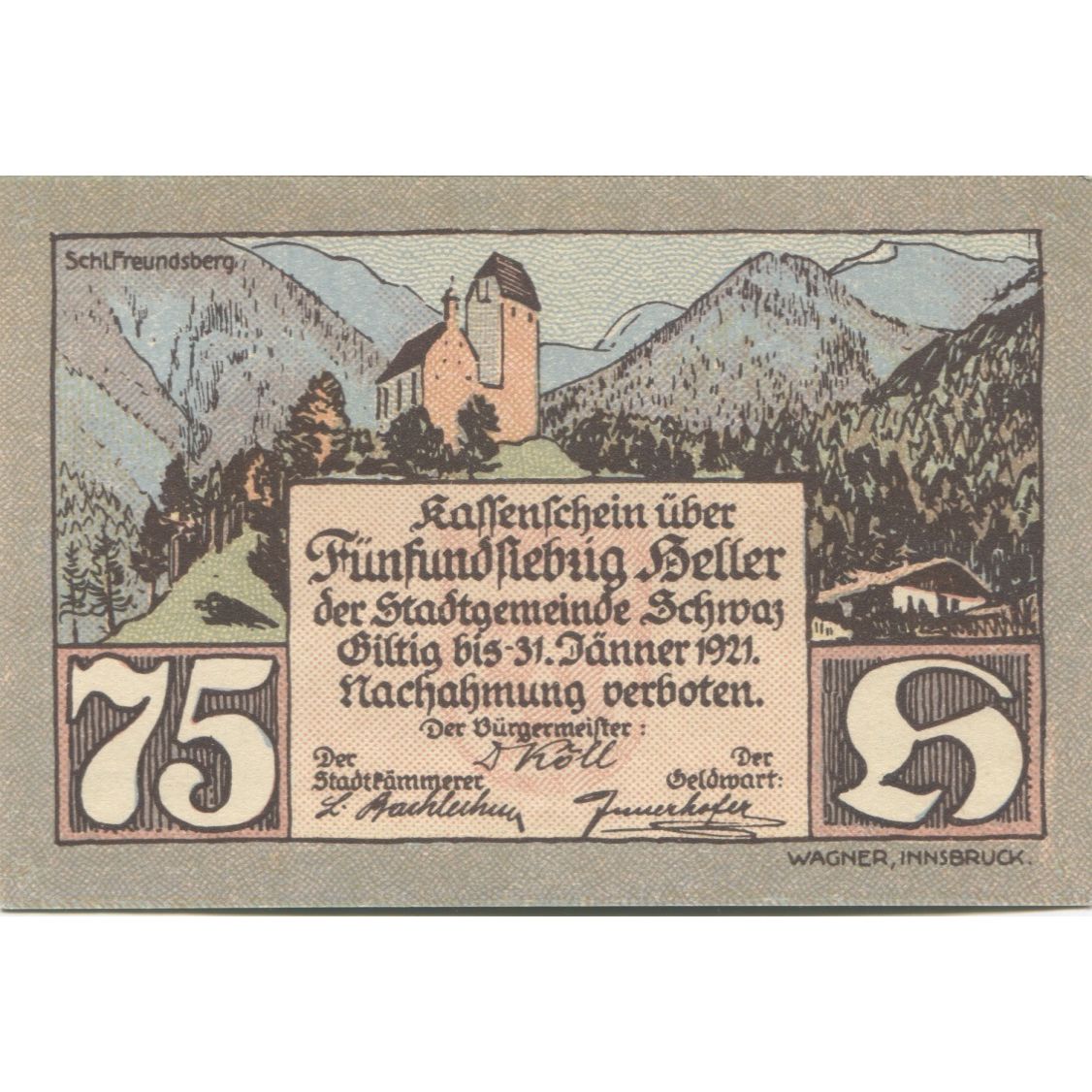 Banknot, Austria, Schwaz, 75 Heller, personnage 1920-12-31, UNC(63) Mehl:FS 983b