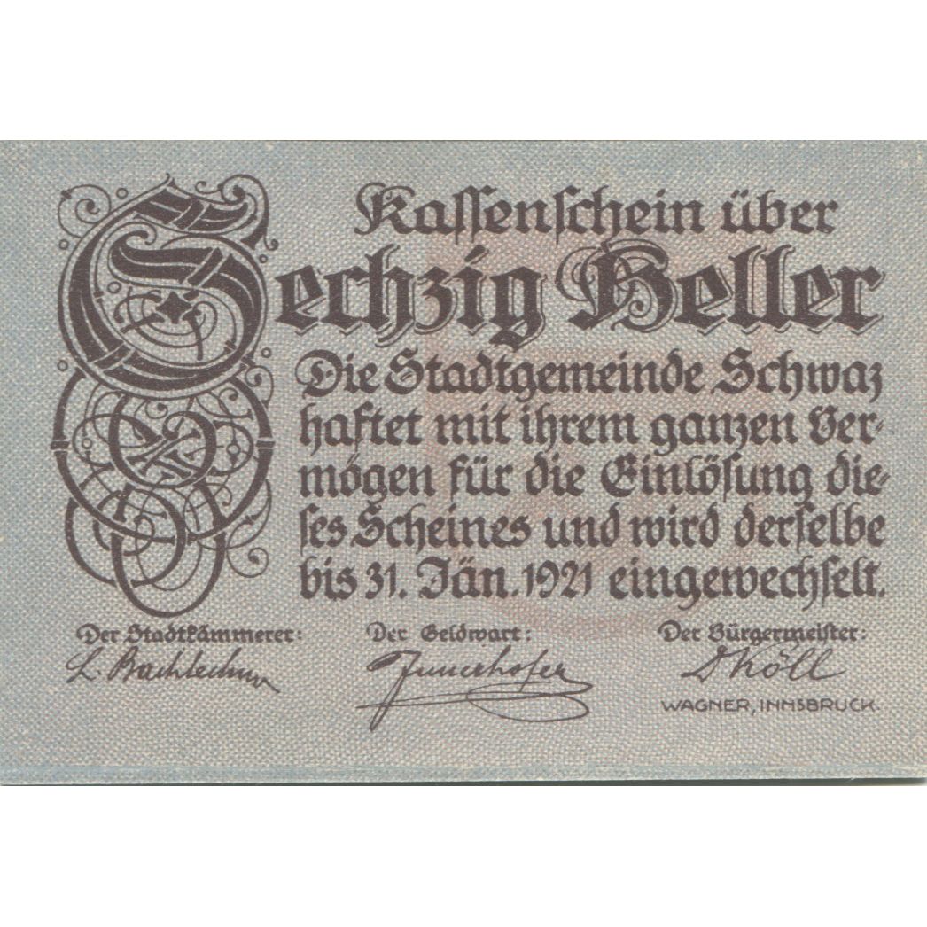 Banknote, Austria, Schwaz, 60 Heller, paysage, 1920 UNC(63) Mehl:FS 983b