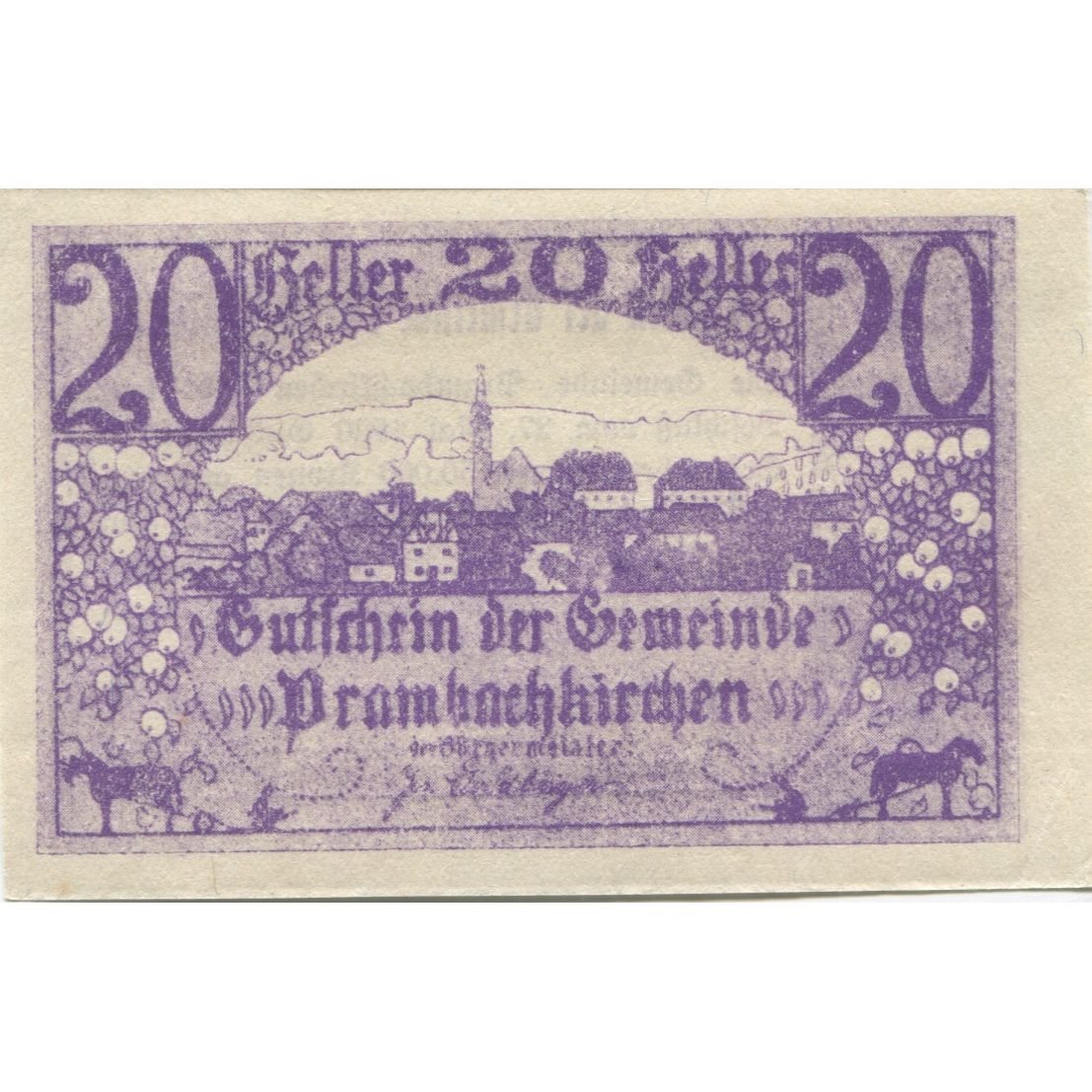 Banknote, Austria, Prambachkirchen, 20 Heller, paysage 1920 UNC(63) Mehl:FS 779a