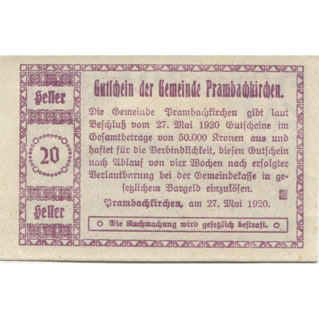 Banknote, Austria, Prambachkirchen, 20 Heller, paysage 1920 UNC(63) Mehl:FS 779a