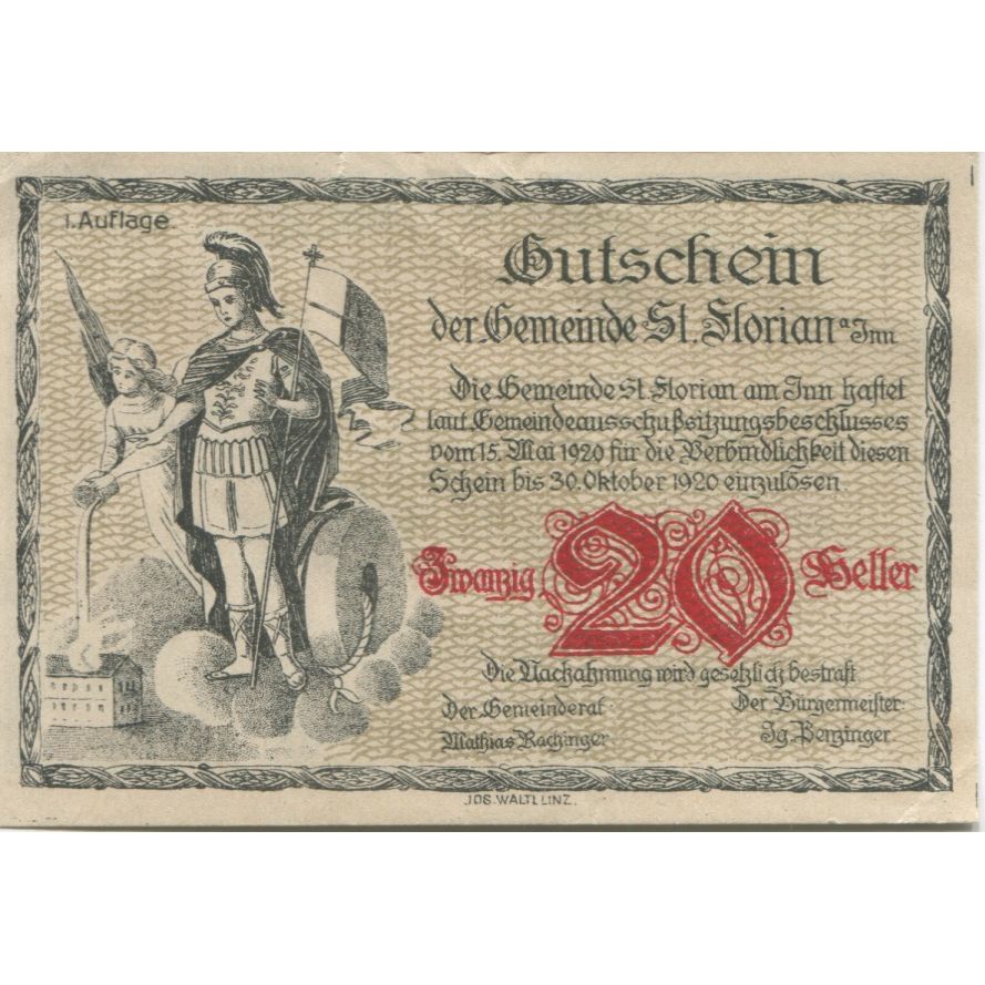 Geldschein, Österreich, St Florian, 20 Heller, chevalier, 1920 UNZ- Mehl:FS 881a