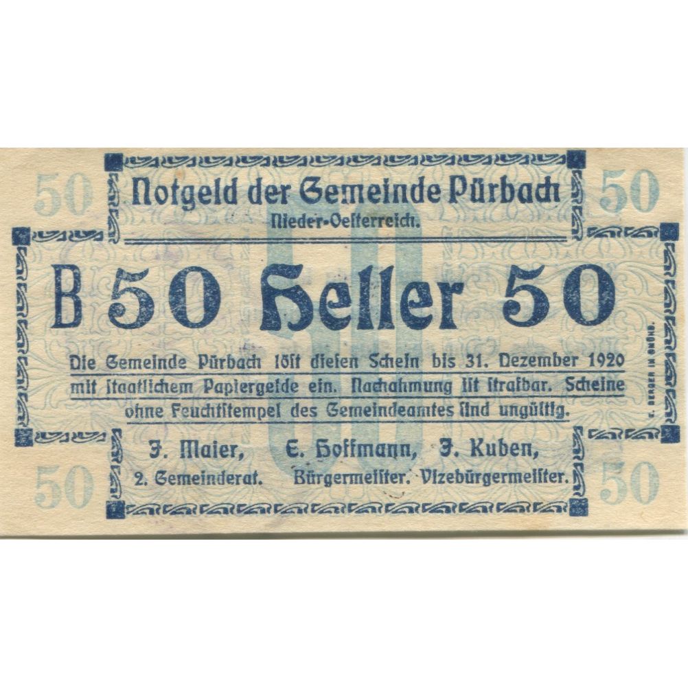 Banknote, Austria, Pürbach 50 Heller valeur faciale 1920 UNC(63) Mehl:FS 793IIb