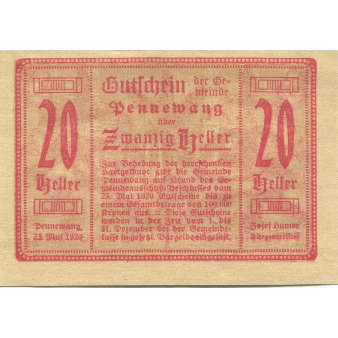 Billete, Austria, Pennewang, 20 Heller, épis 1920-12-31, SC, Mehl:FS 727a