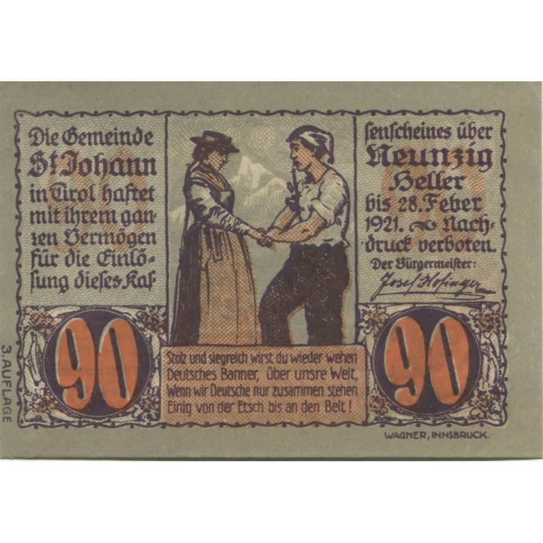 Banconote, Austria, St Johann, 90 Heller, personnage, 1921 SPL Mehl:FS 898a