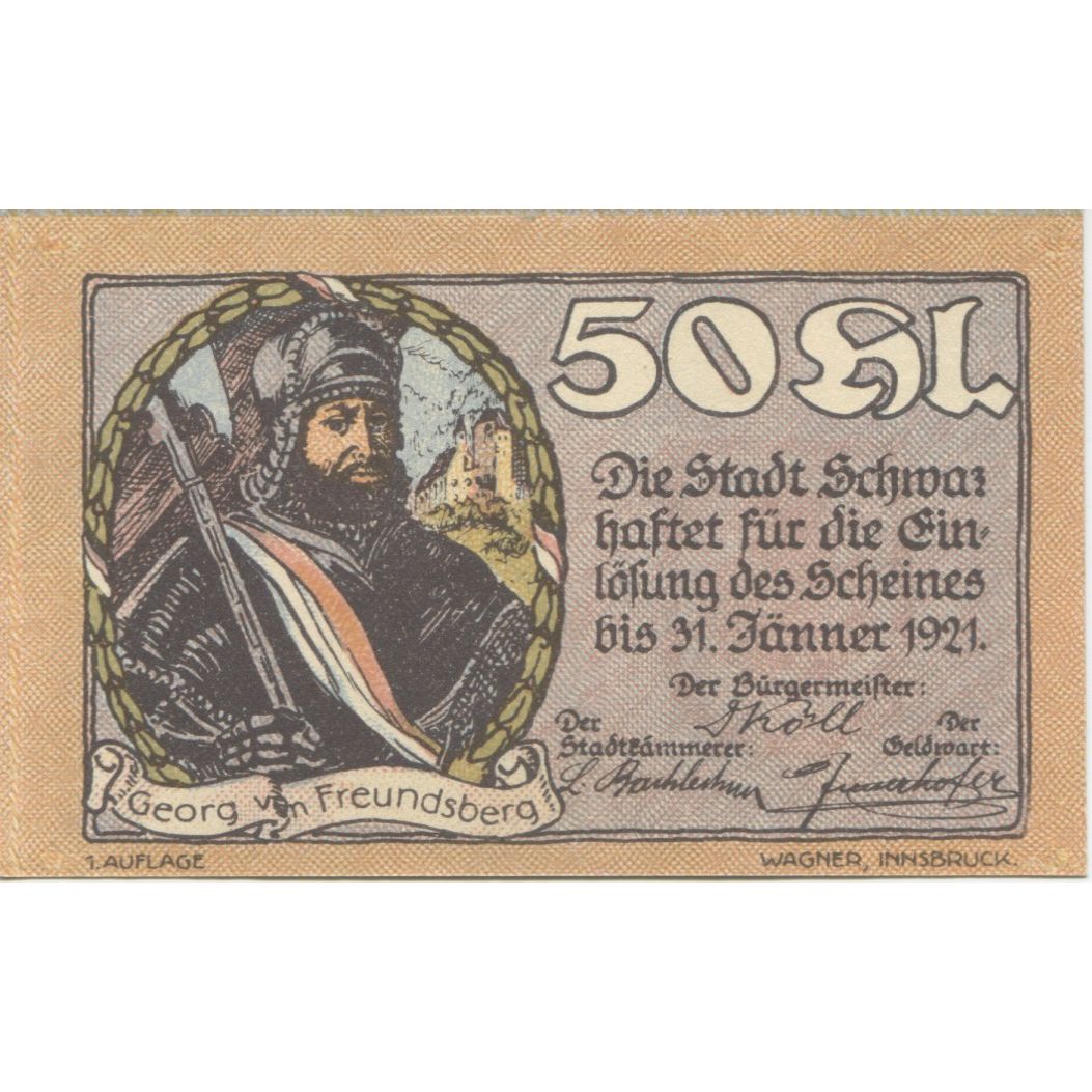 Billete, Austria, Schwaz, 50 Heller, statue, 1920, 1920-12-31, SC, Mehl:FS 983a