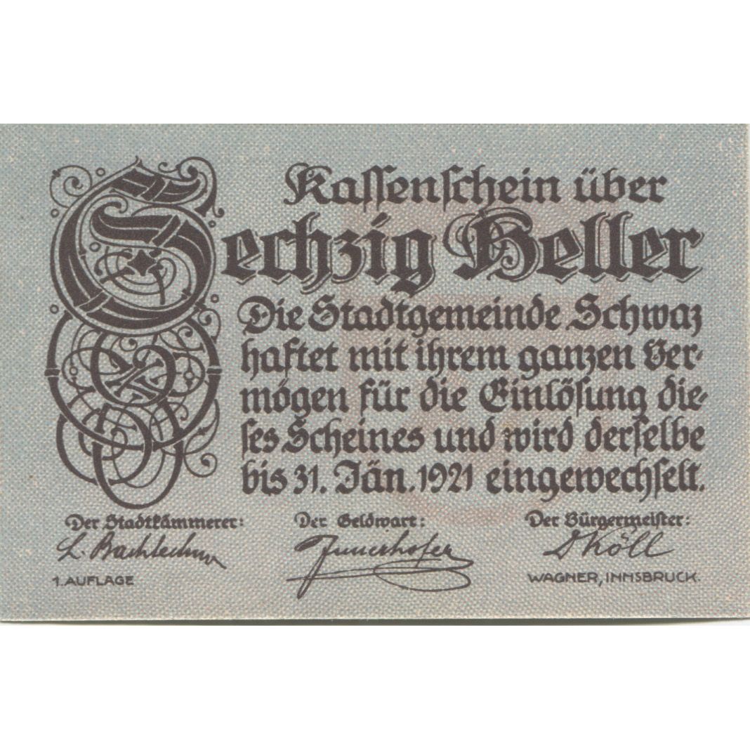 Banconote, Austria, Schwaz, 60 Heller, personnage, 1920 SPL Mehl:FS 983a