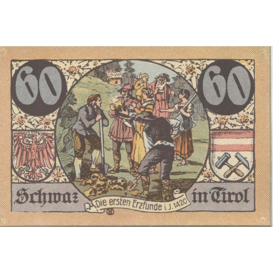 Banconote, Austria, Schwaz, 60 Heller, personnage, 1920 SPL Mehl:FS 983a