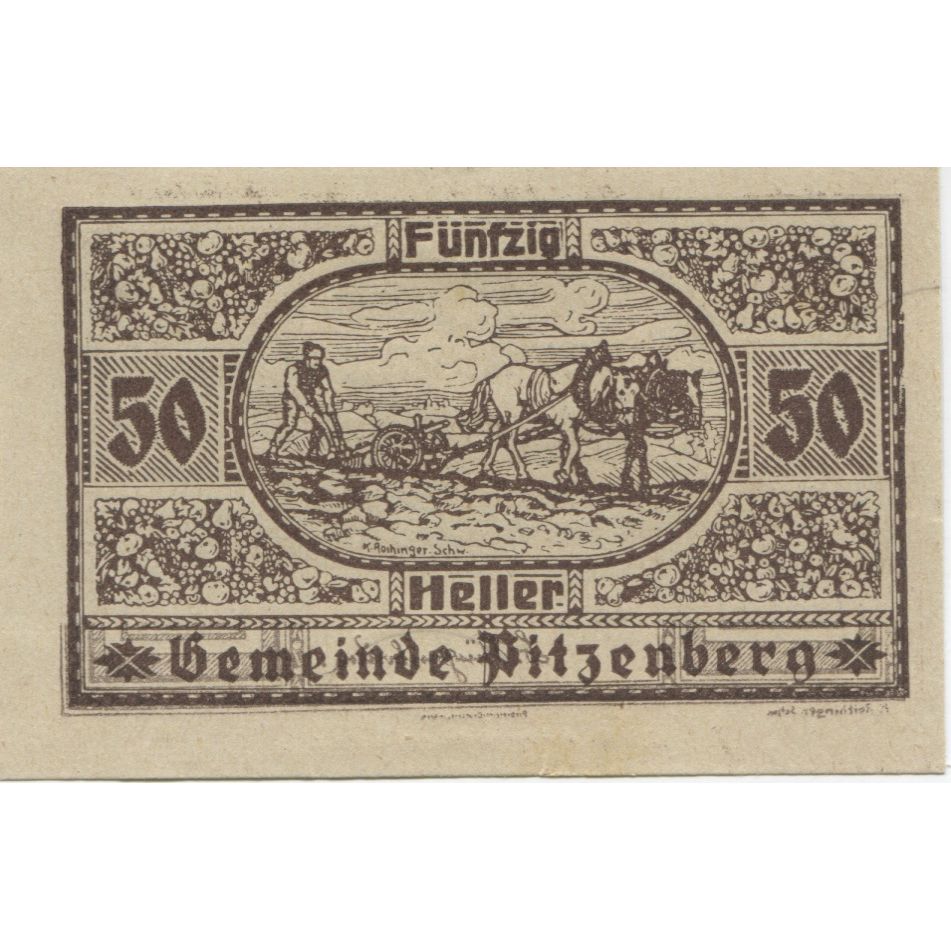 Nota, Áustria, Pitzenberg, 50 Heller, champs, 1920 UNC(63) Mehl:FS 753