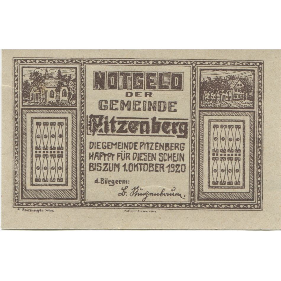 Nota, Áustria, Pitzenberg, 50 Heller, champs, 1920 UNC(63) Mehl:FS 753