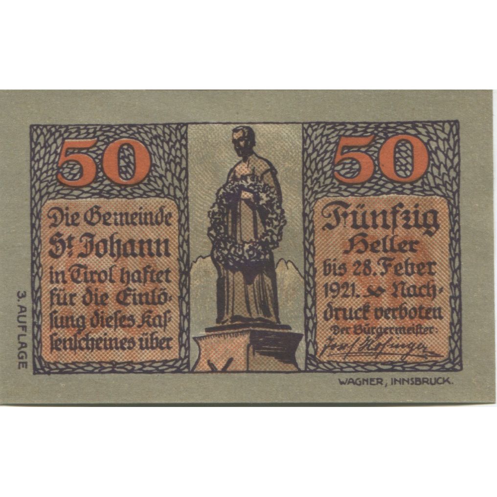 Nota, Áustria, St Johann, 50 Heller, personnage 1921-01-31, UNC(63) Mehl:FS 898a