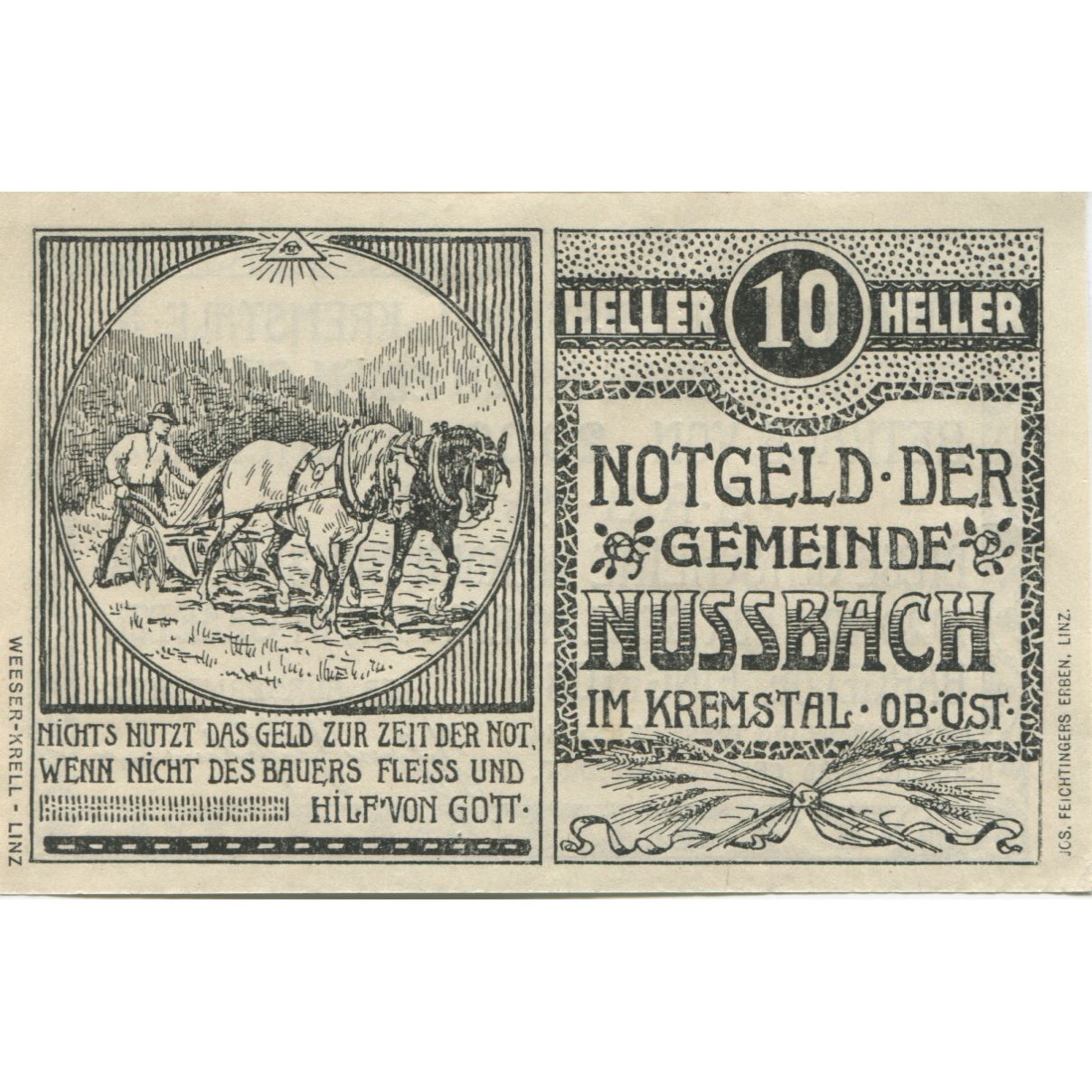 Billete, Austria, Nussbach, 10 Heller, cheval, 1920, 1920-12-31, SC, Mehl:FS 676