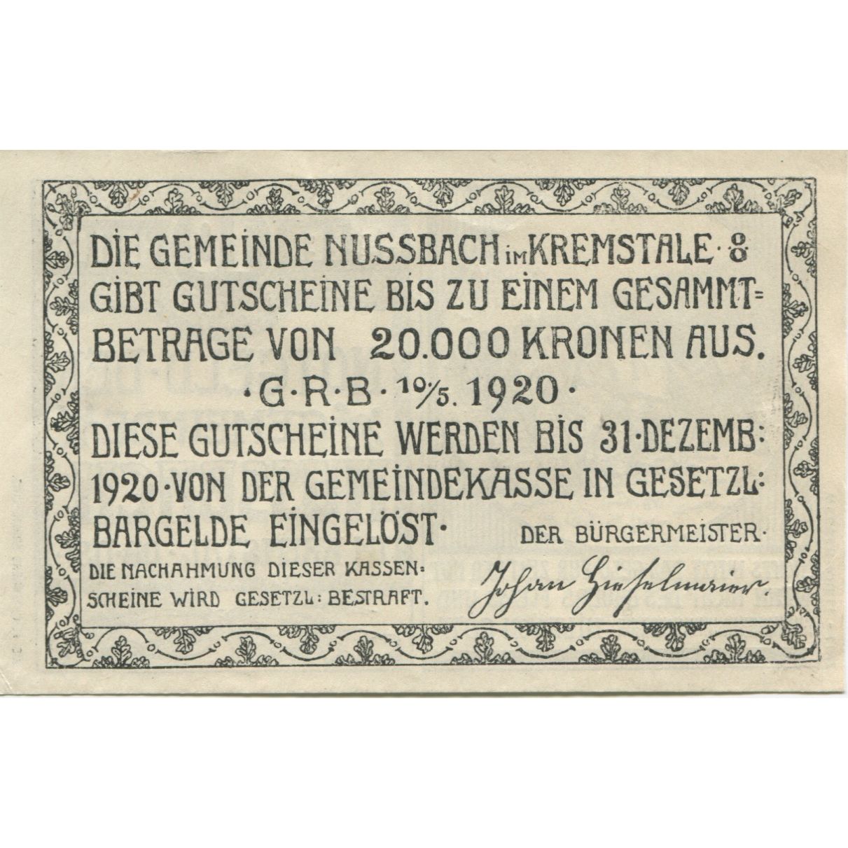 Billete, Austria, Nussbach, 10 Heller, cheval, 1920, 1920-12-31, SC, Mehl:FS 676