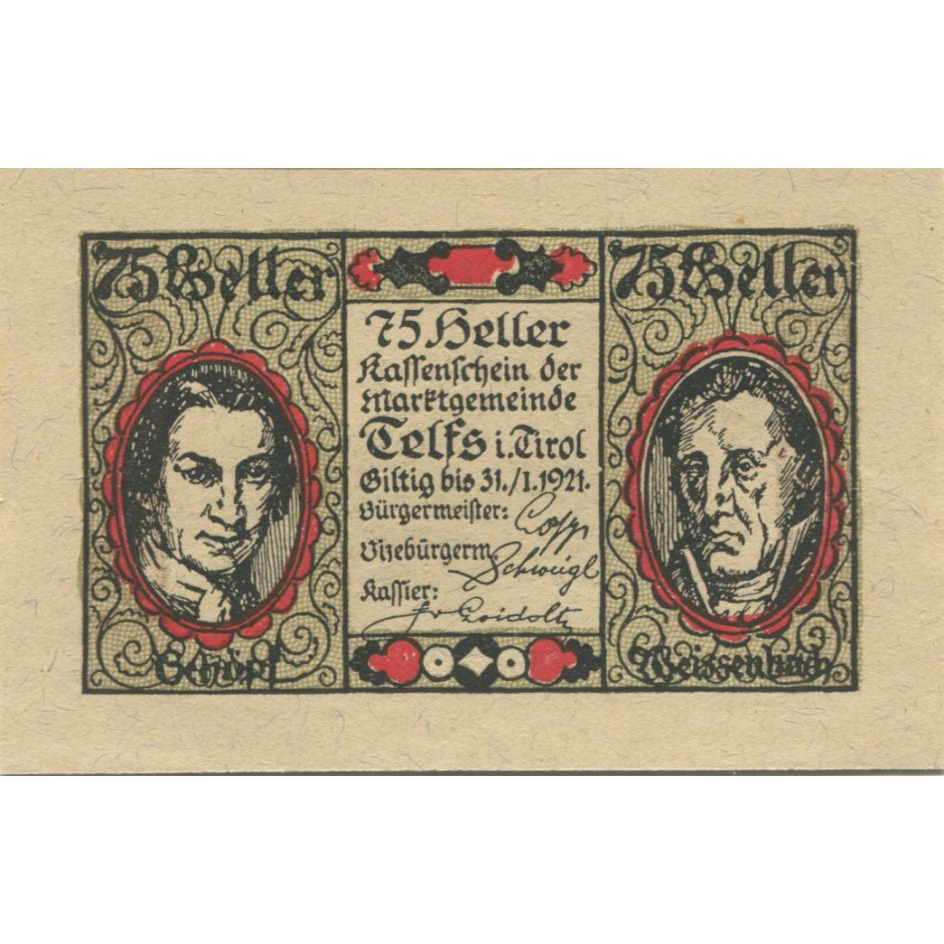 Banknote, Austria, Telfs, 75 Heller, portrait, 1921 UNC(63) Mehl:FS 1061d