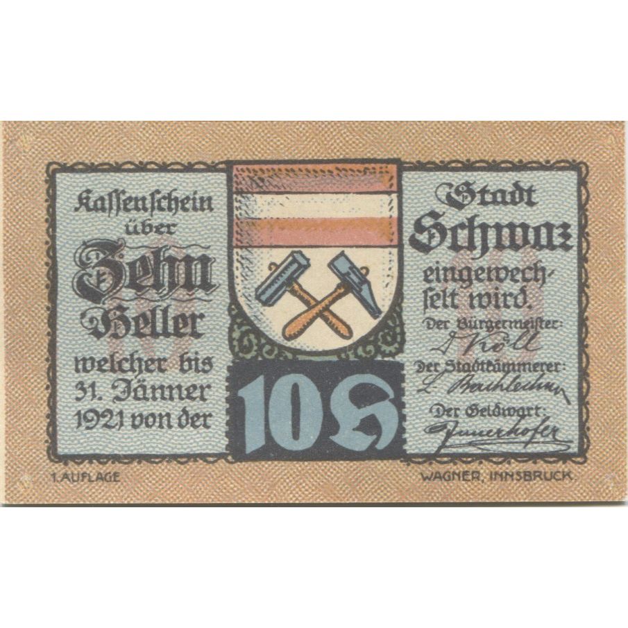 Billete, Austria, Schwaz, 10 Heller, Blason, 1920, 1920-12-31, SC, Mehl:FS 983c