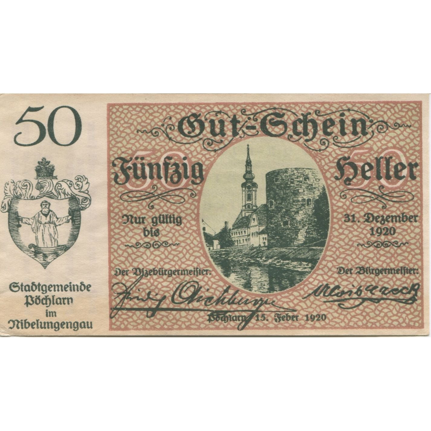 Billete, Austria, Pochlarn, 50 Heller, Eglise 1920-12-31, SC Mehl:FS 755II