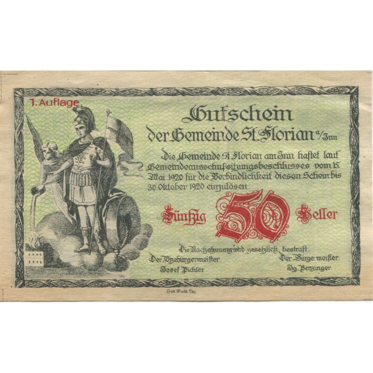 Banknote, Austria, St Florian, 50 Heller, chevalier, 1920 UNC(63) Mehl:FS 881a