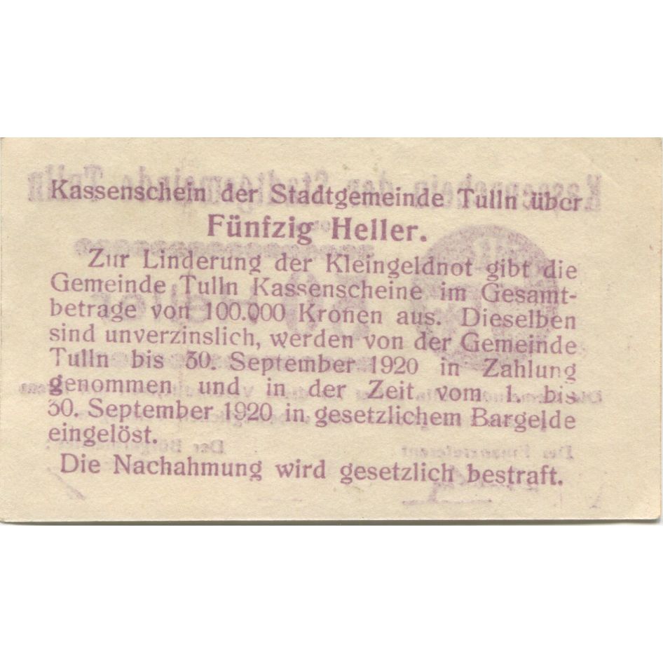 Banknote, Austria, Tulln, 50 Heller, valeur faciale, 1920 UNC(63) Mehl:FS 1083I
