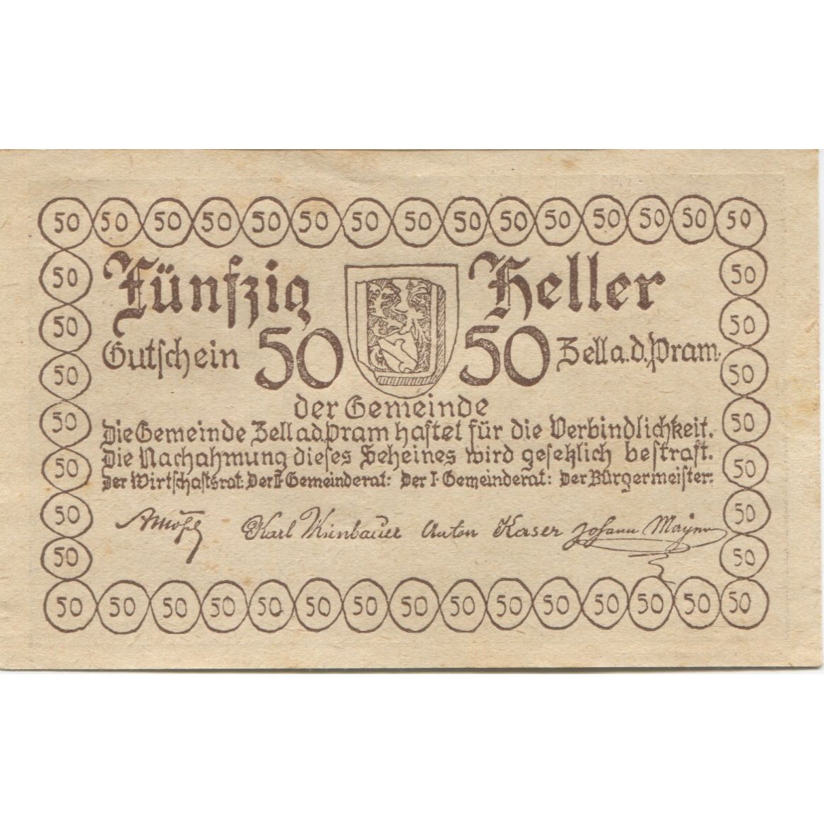 Nota, Áustria, Zell an der Pram, 50 Heller, Eglise 1920 UNC(63) Mehl:FS 1271a