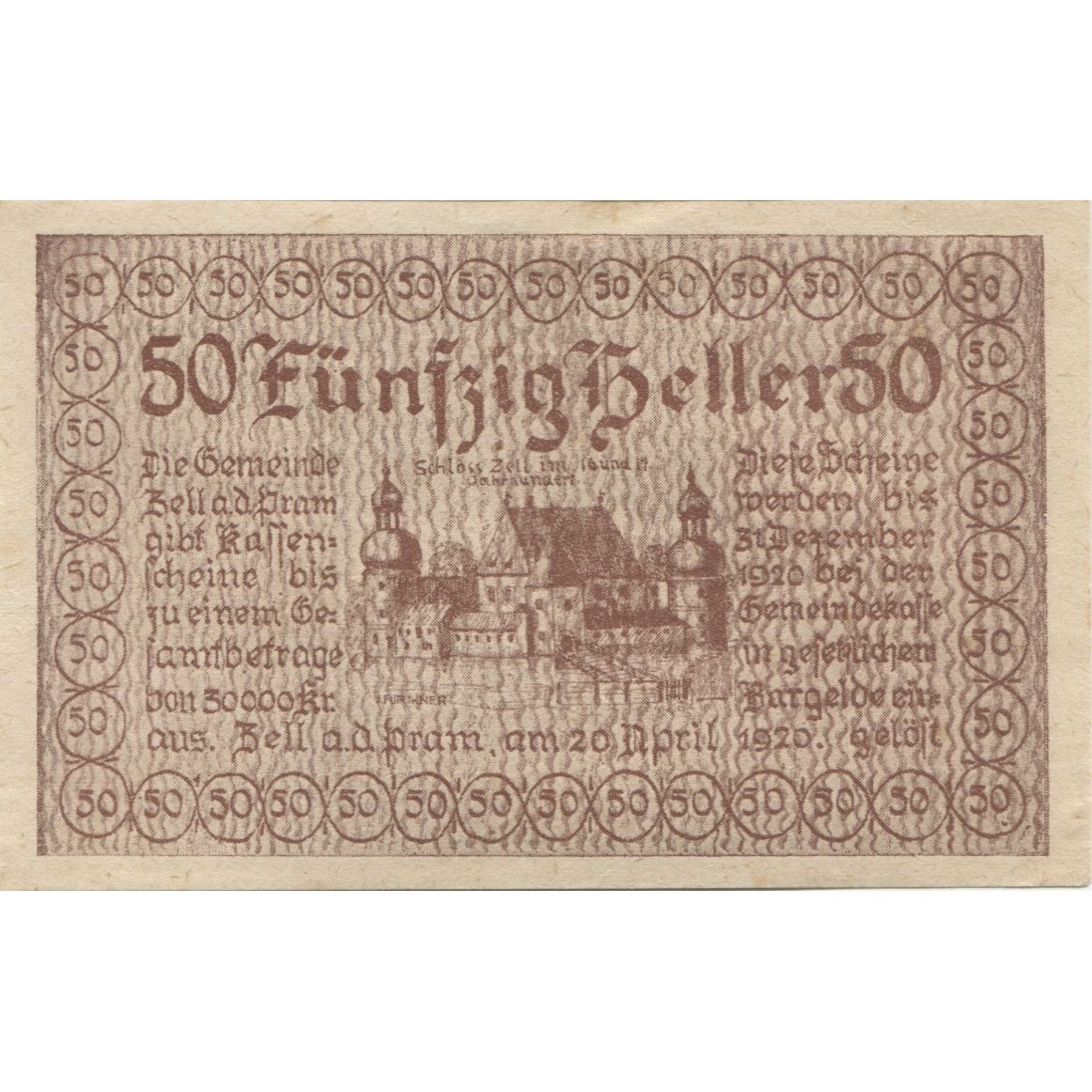 Nota, Áustria, Zell an der Pram, 50 Heller, Eglise 1920 UNC(63) Mehl:FS 1271a