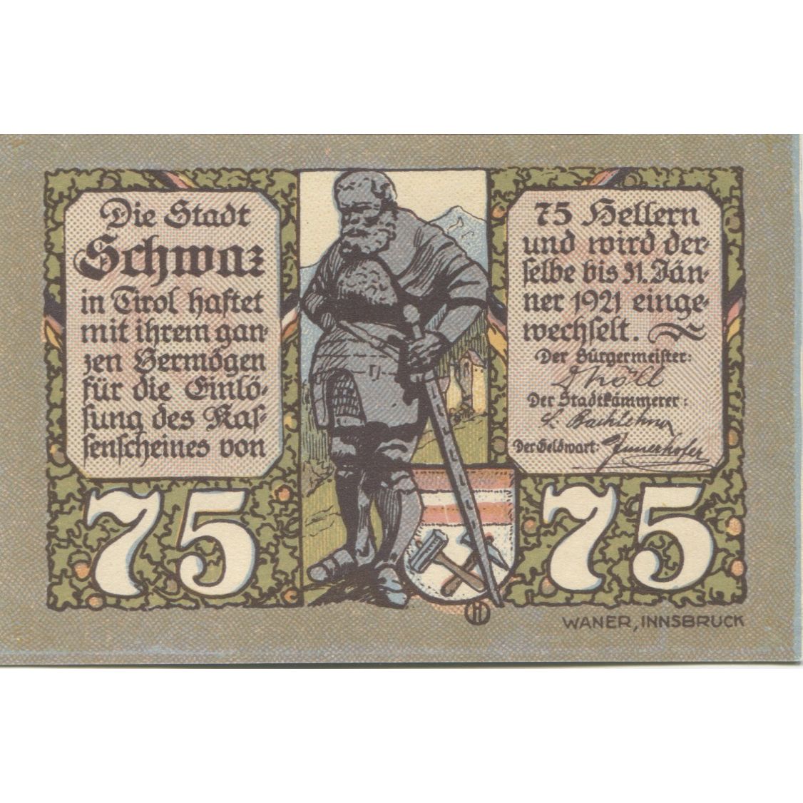 Billete, Austria, Schwaz, 75 Heller, chevalier 1921-01-31, SC Mehl:FS 983c