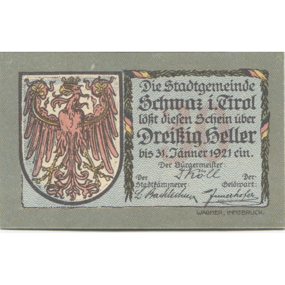 Banknote, Austria, Schwaz, 30 Heller, Blason 1920-12-31, UNC(63), Mehl:FS 983c