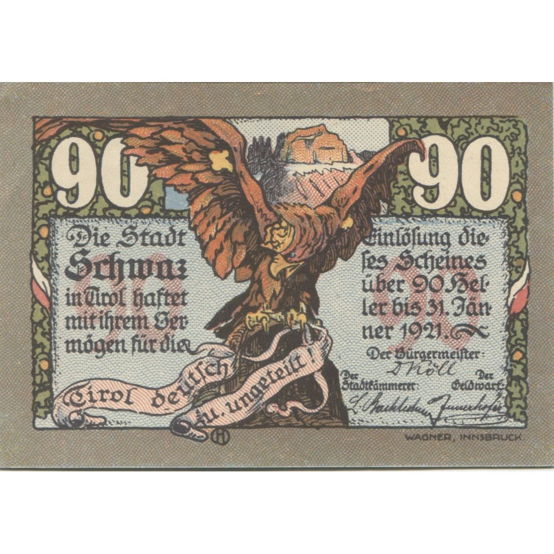 Billete, Austria, Schwaz, 90 Heller, rocher, 1920, 1920-12-31, SC, Mehl:FS 983c