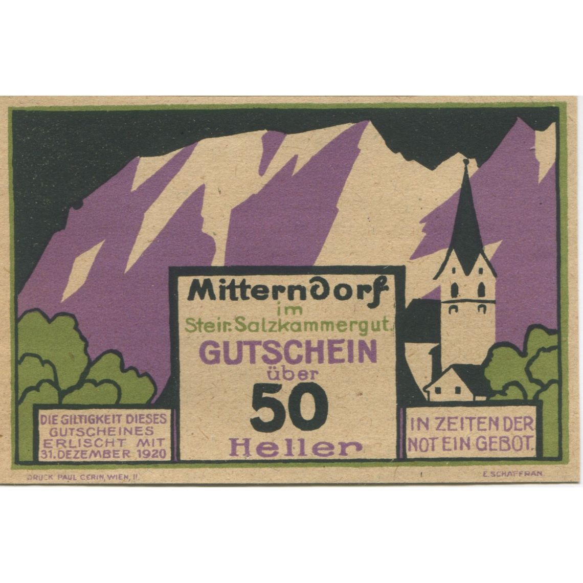Billete, Austria, Mitterndorf, 50 Heller, montagne, 1920 SC Mehl:FS 621Ia