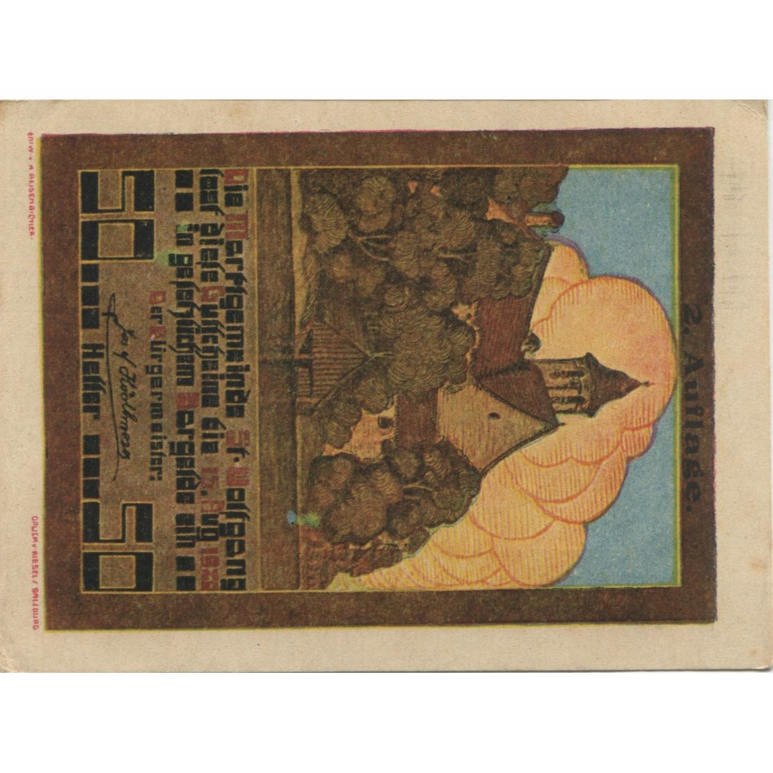 Nota, Áustria, St Wolfgang, 50 Heller, village 1920-08-15, UNC(63) Mehl:FS 947a