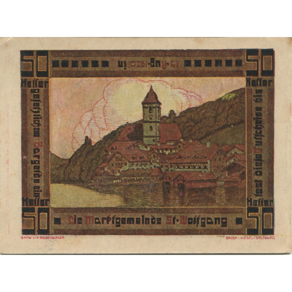 Nota, Áustria, St Wolfgang, 50 Heller, village 1920-08-15, UNC(63) Mehl:FS 947a
