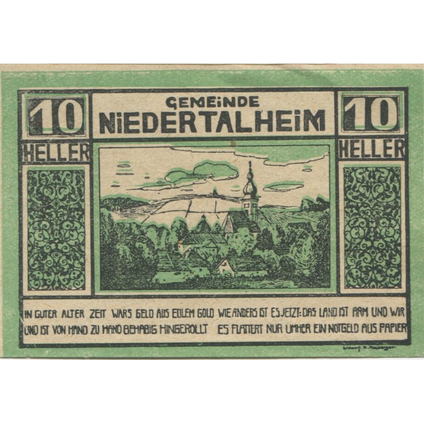 Nota, Áustria, Niedertalheim, 10 Heller, paysage 1920-12-31 UNC(63) Mehl:FS 672a