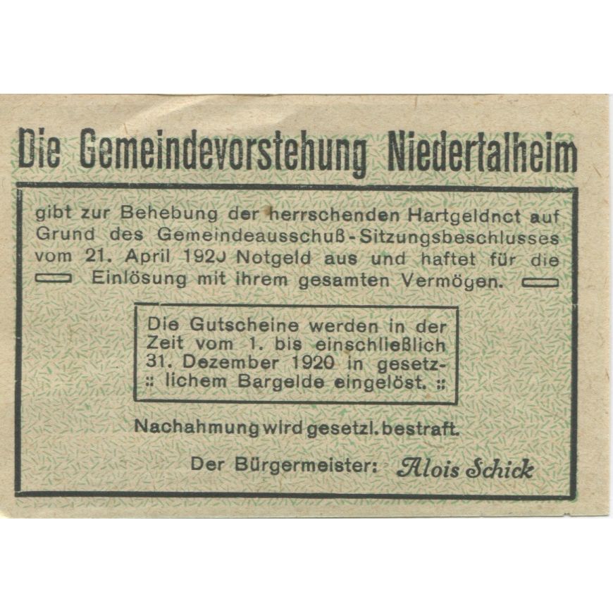 Nota, Áustria, Niedertalheim, 10 Heller, paysage 1920-12-31 UNC(63) Mehl:FS 672a