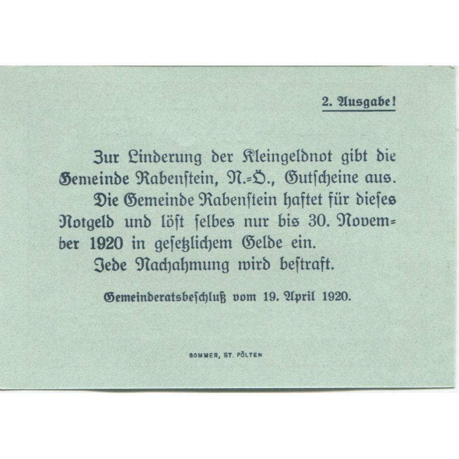 Billete, Austria, Rabenstein, 20 Heller, ruine 1920-11-30, SC Mehl:FS 808IIb