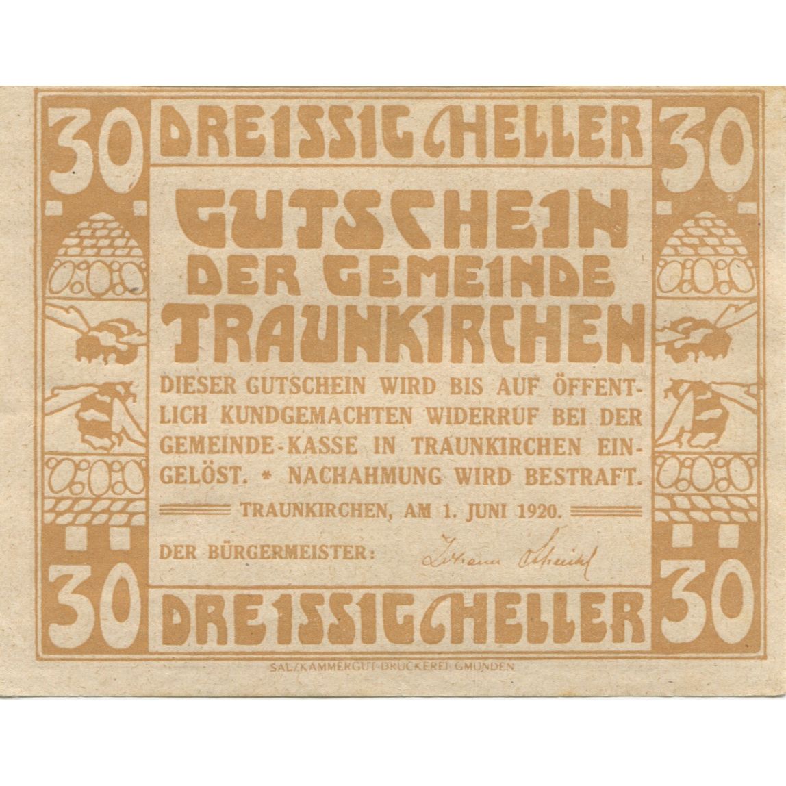 Banknote, Austria, Traunkirchen, 30 Heller, personnage 1920 UNC(63) Mehl:FS 1081