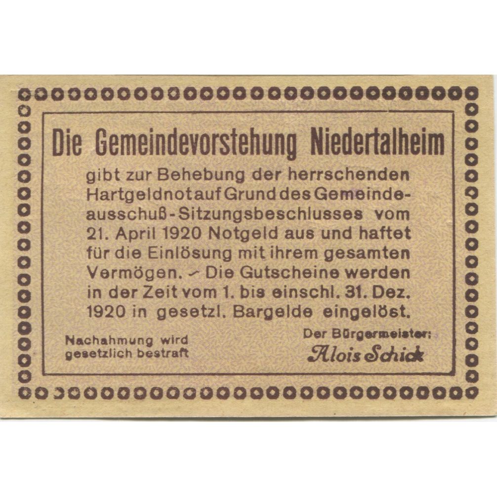 Banknote, Austria, Niedertalheim, 50 Heller, Eglise, 1920 UNC(63) Mehl:FS 672c