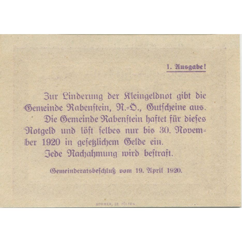 Billete, Austria, Rabenstein, 50 Heller, village 1920-11-30, SC Mehl:FS 808Ia