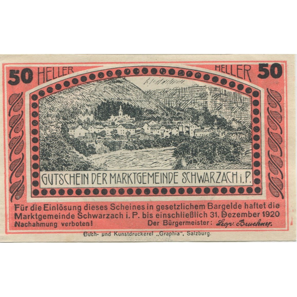 Billete, Austria, Schwarzach, 50 Heller, personnage, 1920 SC Mehl:FS 978