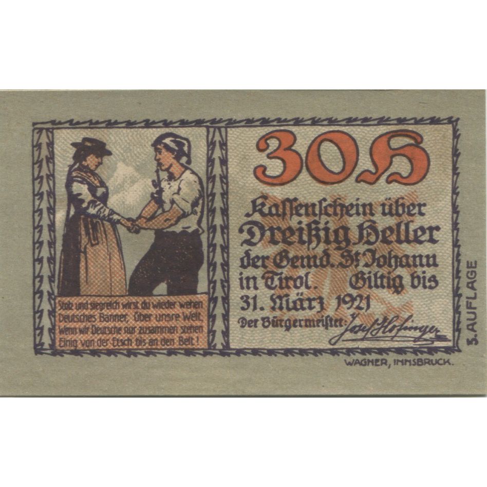 Billete, Austria, St Johann, 30 Heller, chalet 1921-01-31, SC Mehl:FS 898a