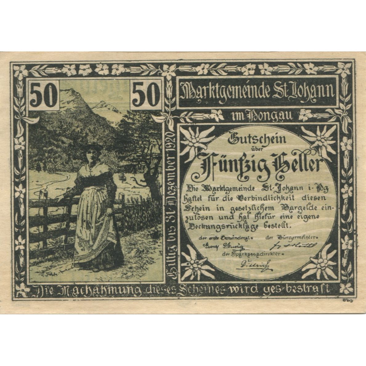 Billete, Austria, St Johann, 50 Heller, parc, 1920, 1920-12-31, SC, Mehl:FS 895a