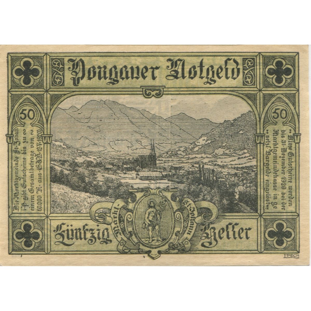 Billete, Austria, St Johann, 50 Heller, parc, 1920, 1920-12-31, SC, Mehl:FS 895a