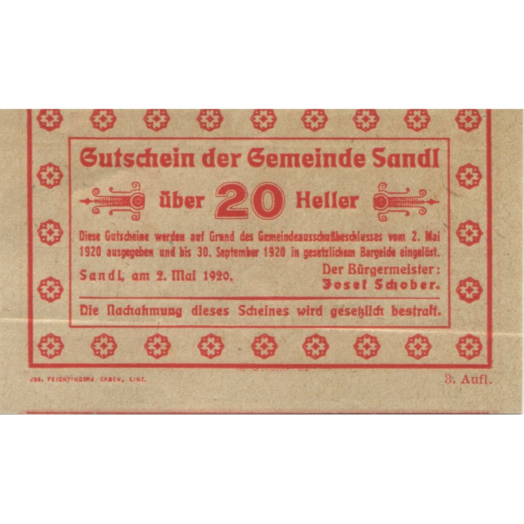 Banknote, Austria, Sandl, 20 Heller, personnage 1, 1920 UNC(63) Mehl:FS 874Ic