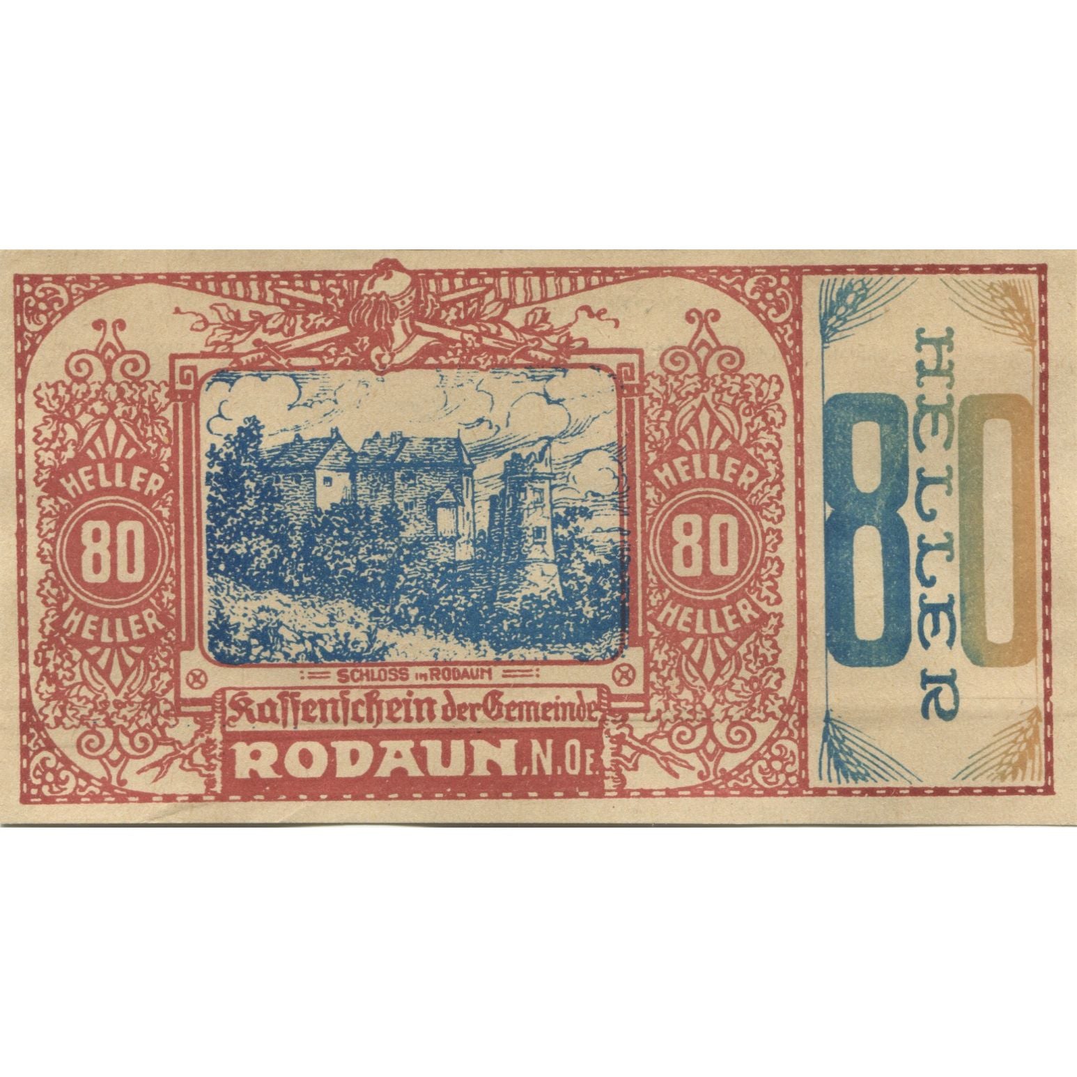 Banknote, Austria, Rodaun, 80 Heller, château, 1920, UNC(63), Mehl:FS 840IIc