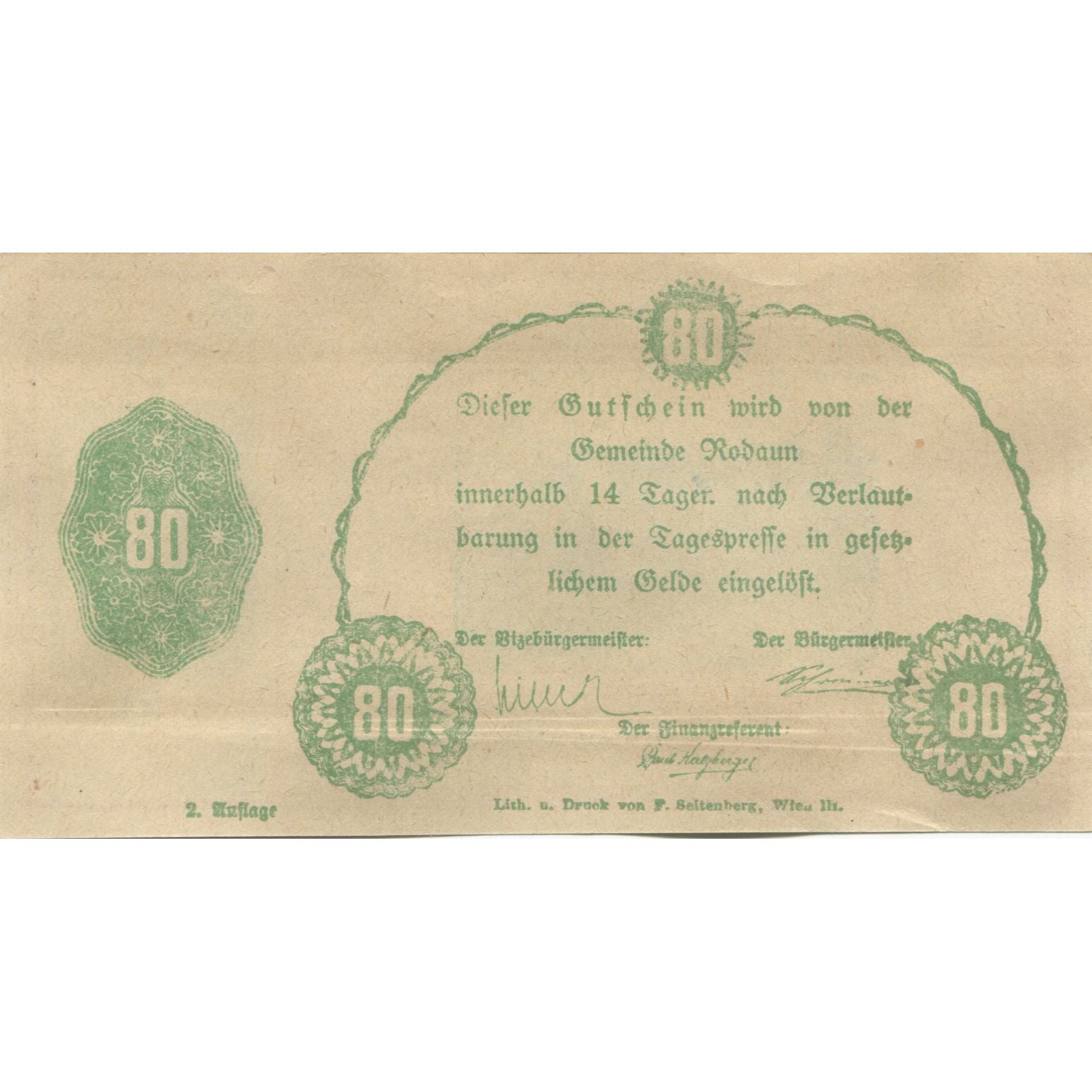 Banknote, Austria, Rodaun, 80 Heller, château, 1920, UNC(63), Mehl:FS 840IIc